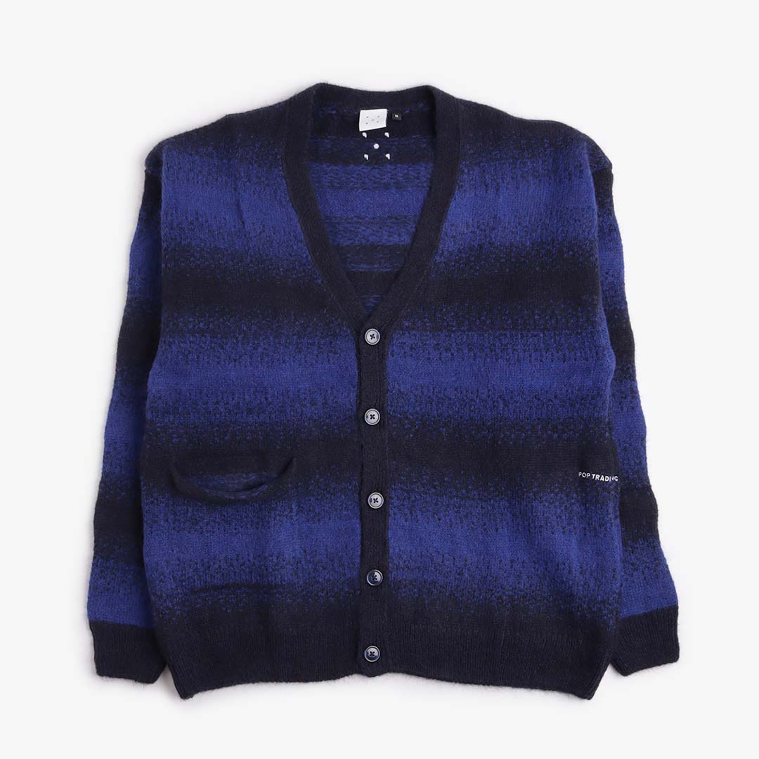 Pop Trading Company Striped Knitted Cardigan, Sodalite Blue Black, Detail Shot 1