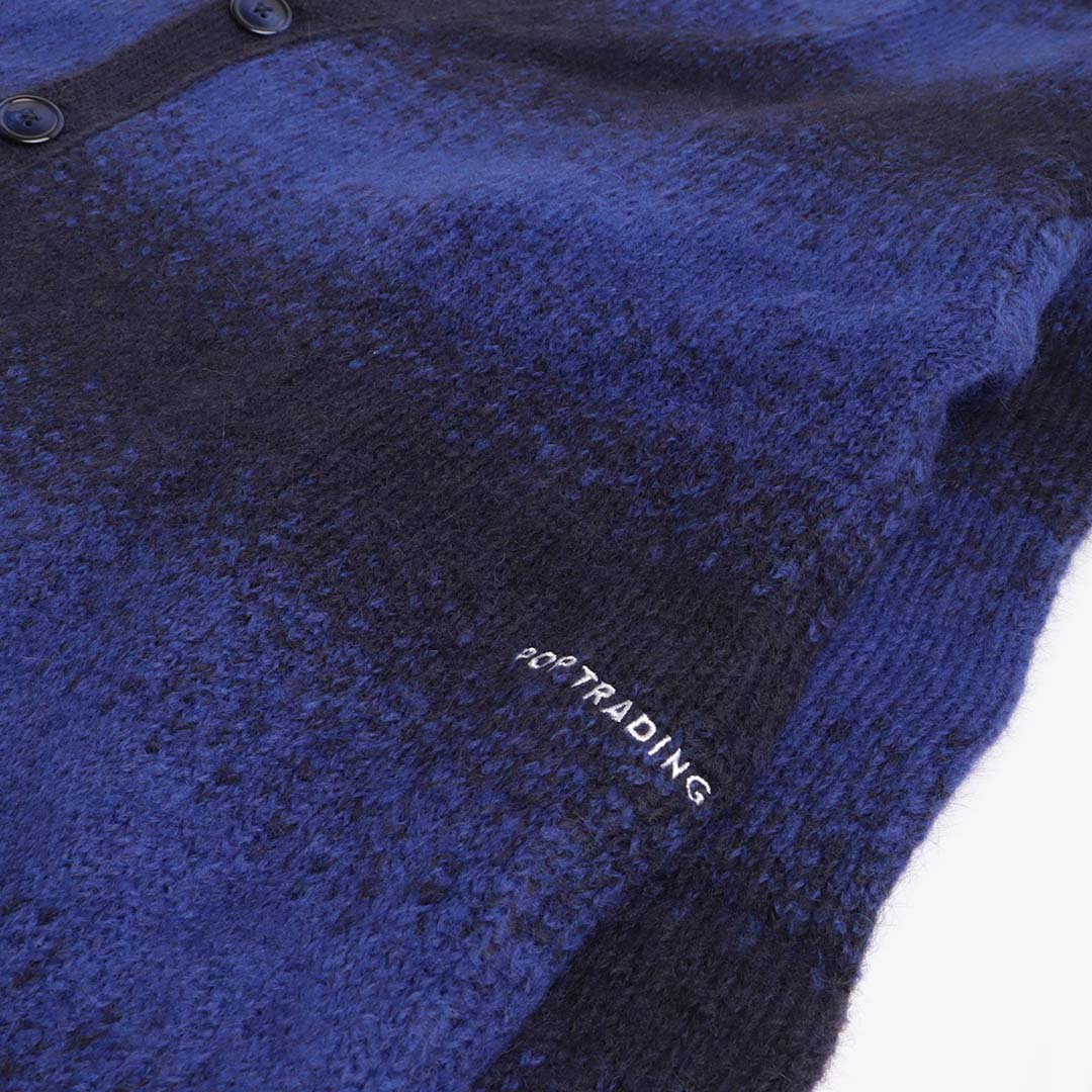Pop Trading Company Striped Knitted Cardigan, Sodalite Blue Black, Detail Shot 2