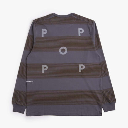 Pop Trading Company Striped Logo Long Sleeve T-Shirt, Charcoal Delicios, Detail Shot 3