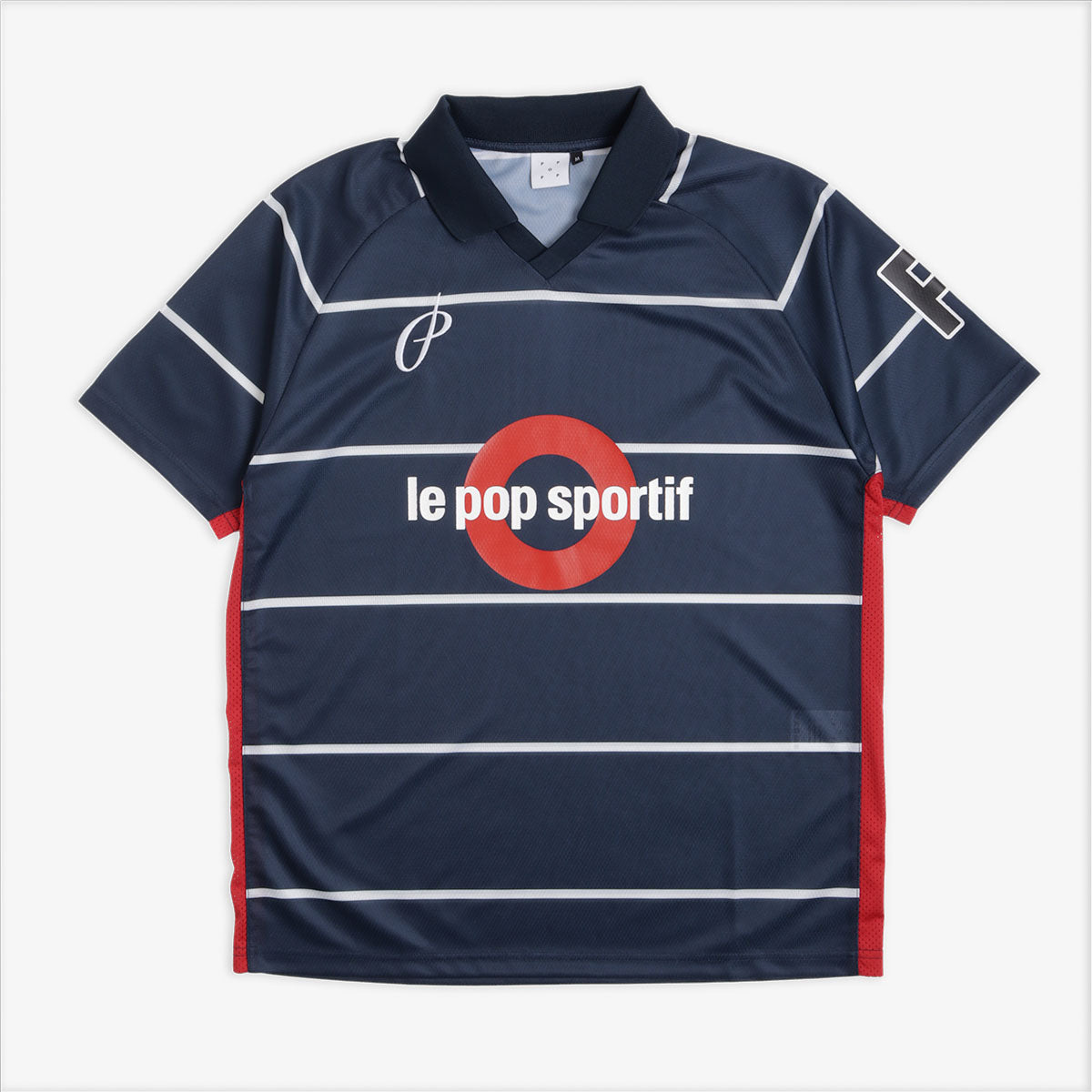 Pop Trading Company Striped Sportif Short Sleeve T-Shirt, Navy, Detail Shot 5