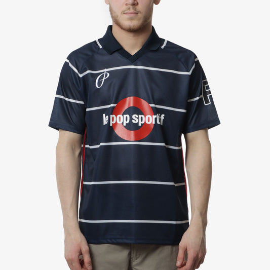 Pop Trading Company Striped Sportif Short Sleeve T-Shirt, Navy, Detail Shot 1