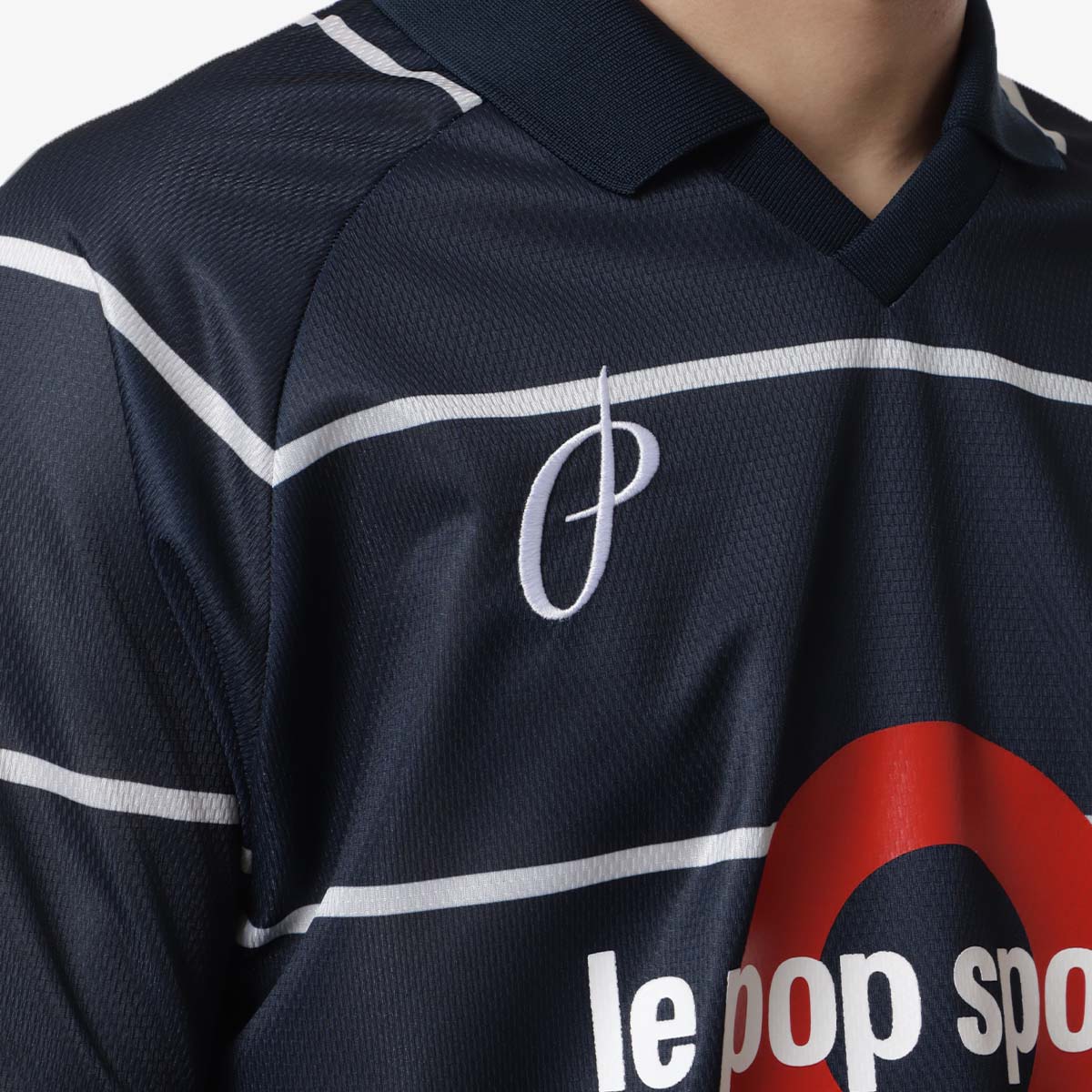 Pop Trading Company Striped Sportif Short Sleeve T-Shirt, Navy, Detail Shot 3