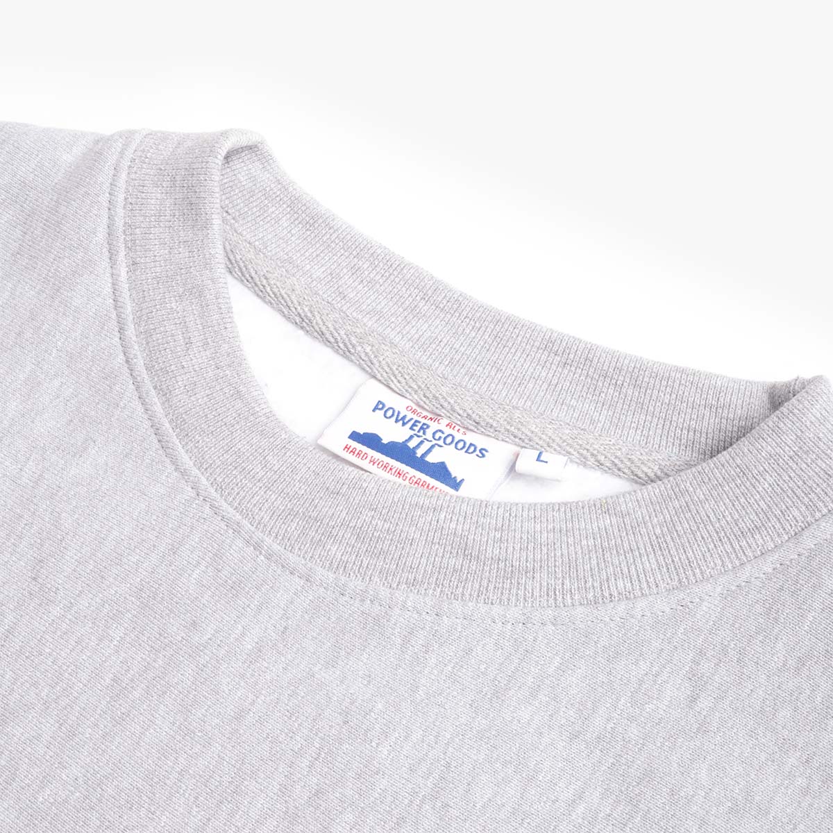 main Power Goods Super Weight Crewneck Sweatshirt, Heather Grey, Detail Shot 3