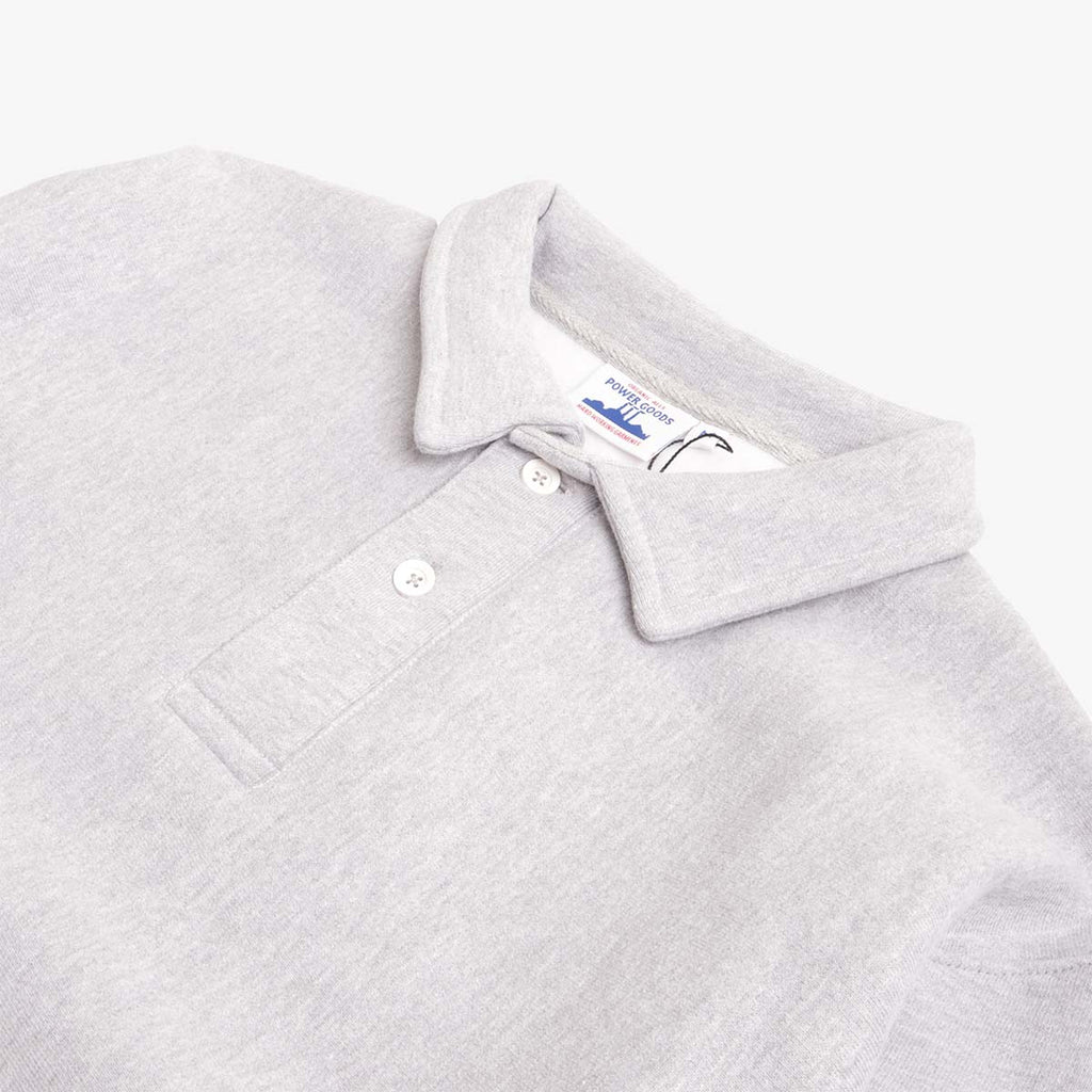Rugby collar and button placket, grey heather crewneck