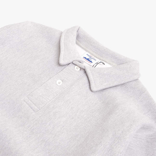 Rugby collar and button placket, grey heather crewneck