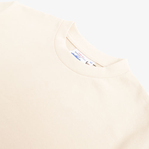 Crew neck and woven brand label, putty tee