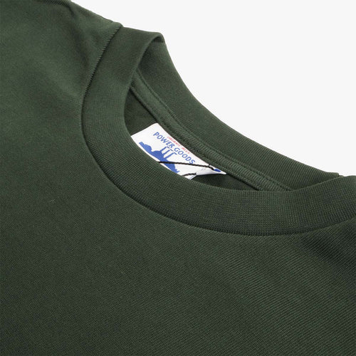 Crew neck and woven brand label, forest green tee