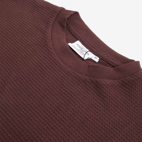 Collar, brand label and waffle knit texture, coffee brown