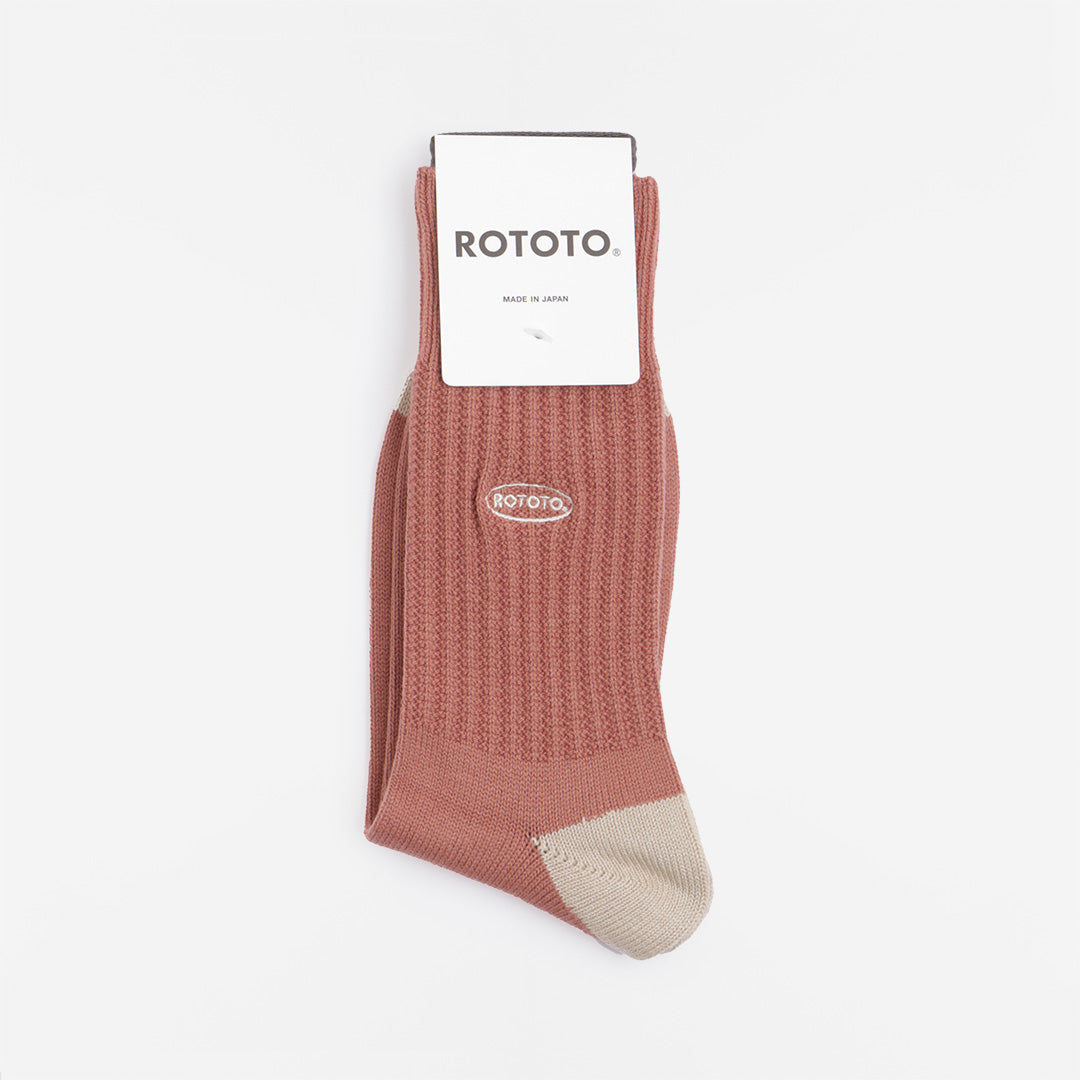 Rototo 90s Logo Crew Socks, Dark Coral, Detail Shot 2
