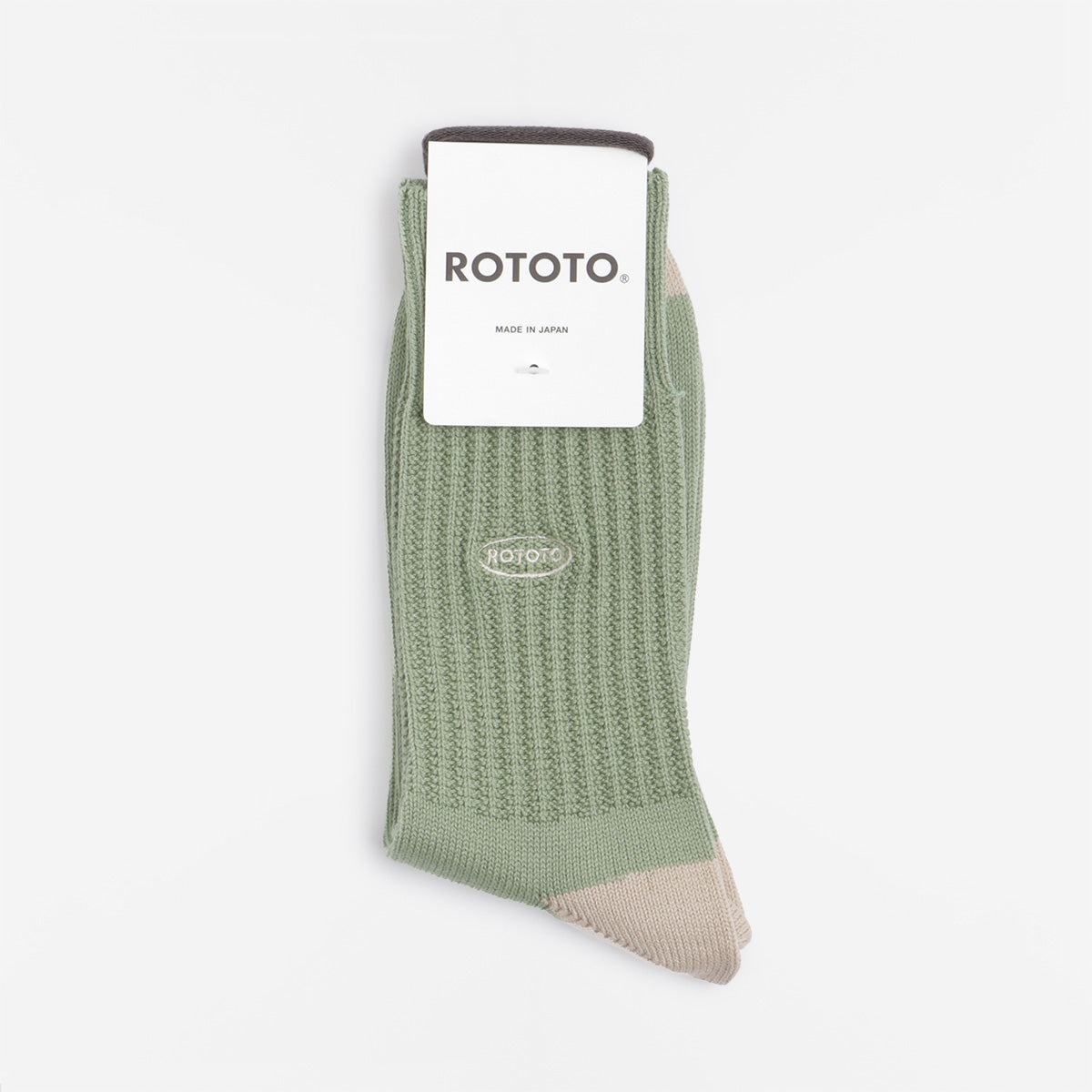 Rototo 90s Logo Crew Socks, Sage Green, Detail Shot 2