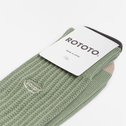 Rototo 90s Logo Crew Socks, Sage Green, Detail Shot 3