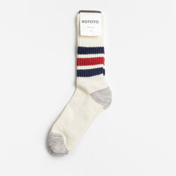 thumbnail Rototo Coarse Ribbed Old School Crew Socks, Navy Dark Red, Detail Shot 1
