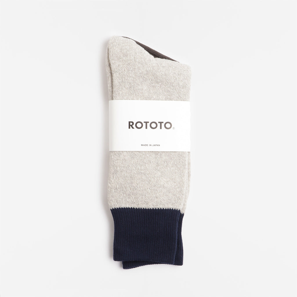 Rototo Double Face Crew Socks, Navy Light Grey, Detail Shot 2