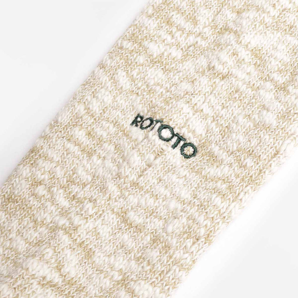 Rototo Organic Cotton Slub Crew Socks, Light Olive, Detail Shot 3