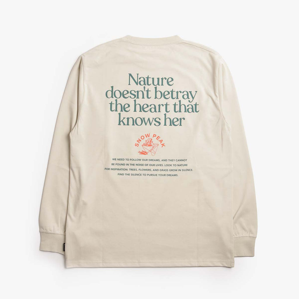 Snow Peak Living With Nature Long Sleeve T-Shirt, Ivory, Detail Shot 4