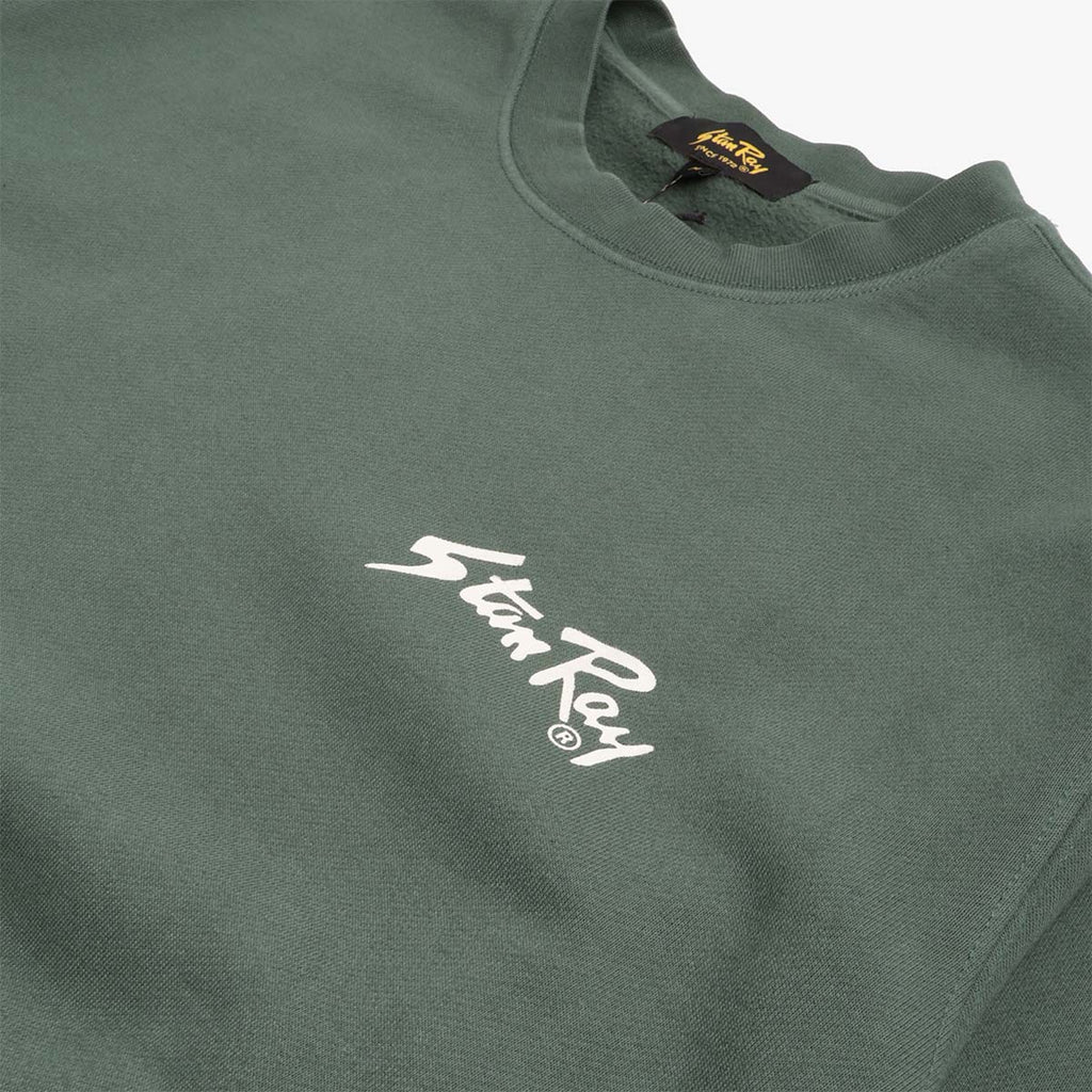 White Stan Ray chest logo on pineneedle green sweatshirt