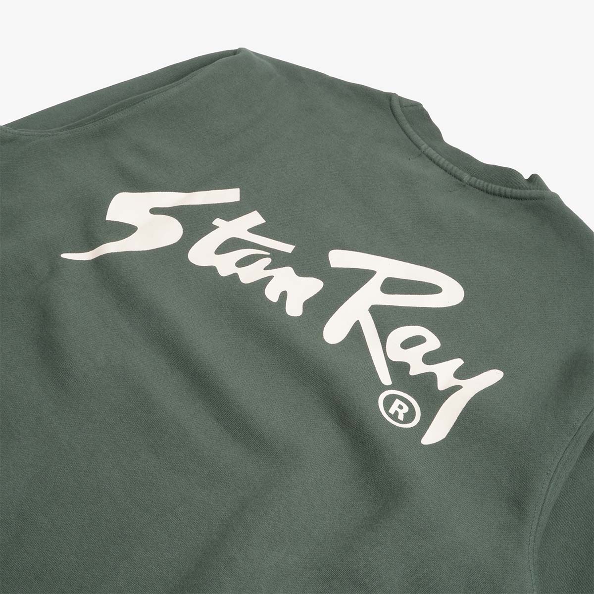 White Stan Ray back print detail on green crew sweatshirt