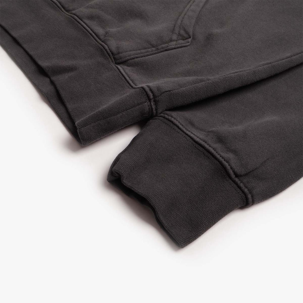 Ribbed cuff and hem detail on Stan Ray washed black hoodie