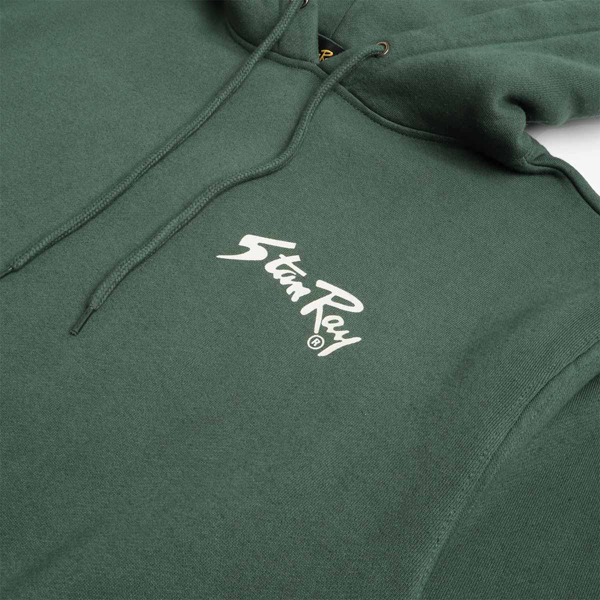 Chest logo and drawcord detail on Stan Ray green hoodie