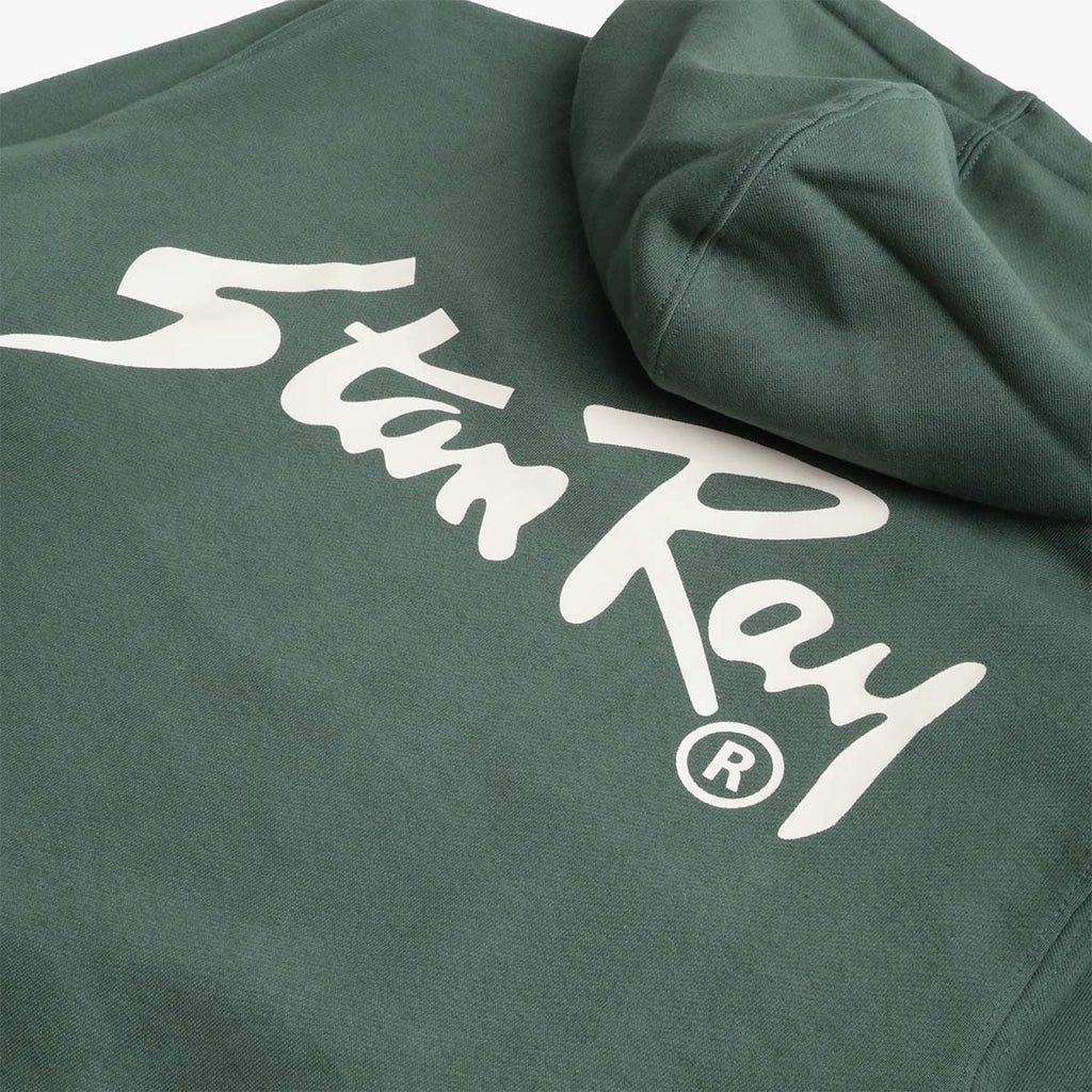 White Stan Ray back print and hood detail on green hoodie