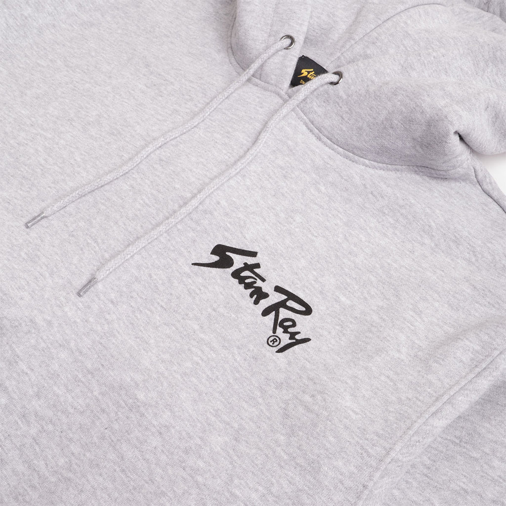 Hood, drawcord and chest logo on Stan Ray heather grey hoodie