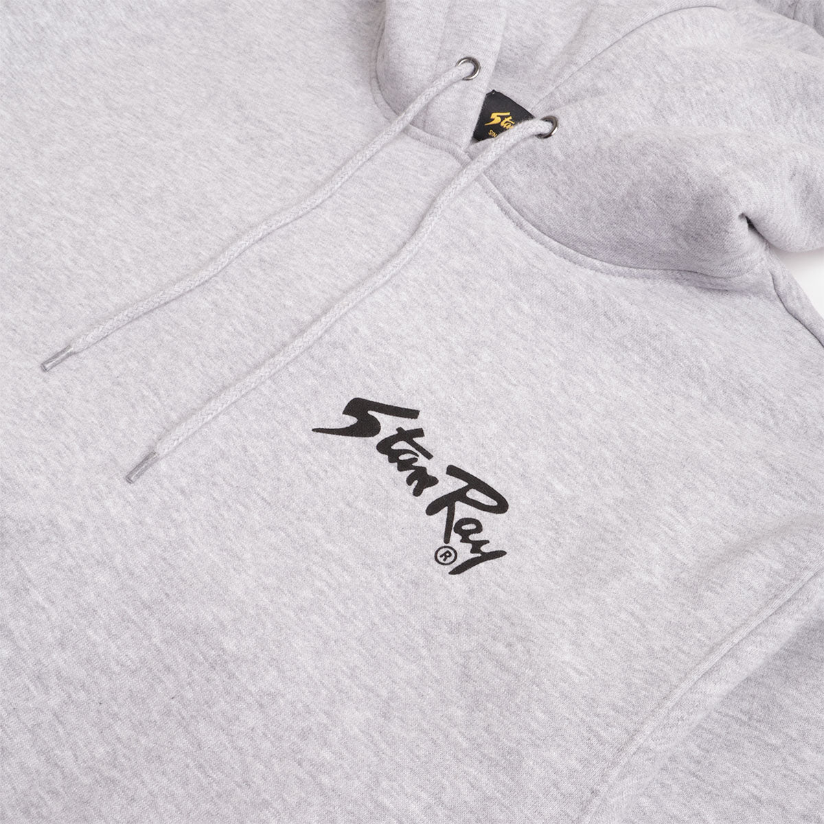 Hood, drawcord and chest logo on Stan Ray heather grey hoodie