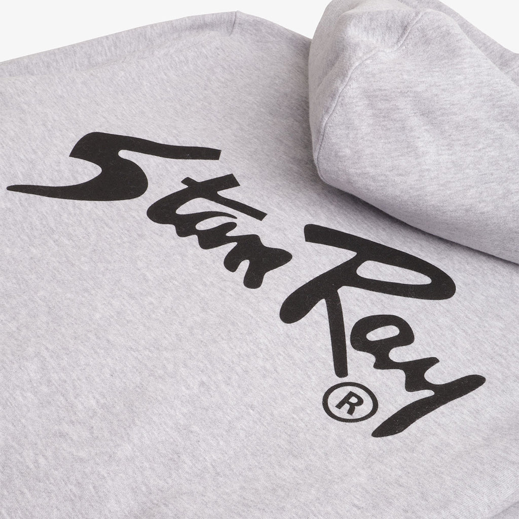 Black Stan Ray back print detail on heather grey hoodie