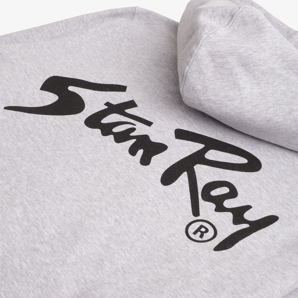 Black Stan Ray back print detail on heather grey hoodie