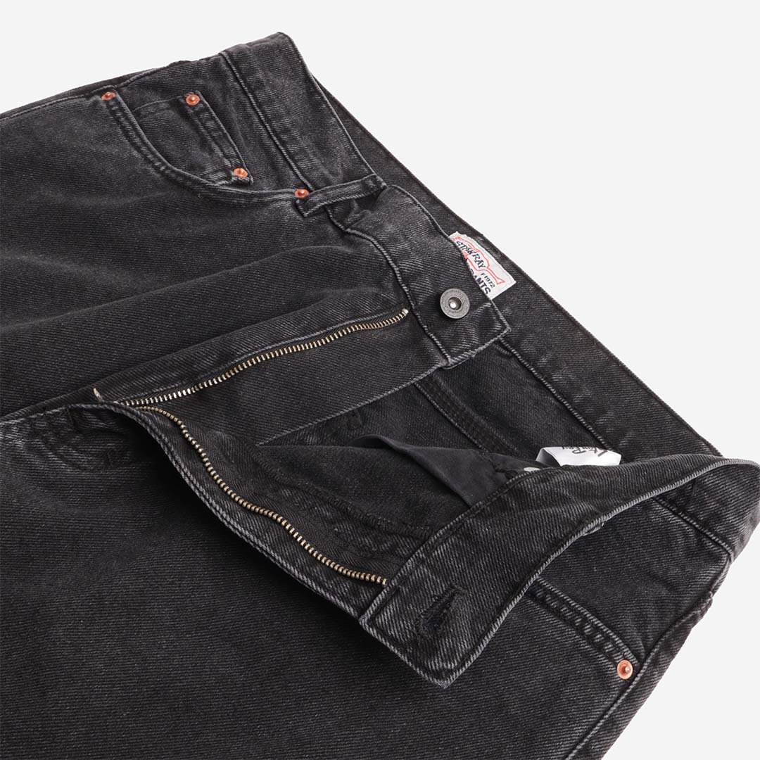 Button fly and pocket detail on Stan Ray washed black jeans