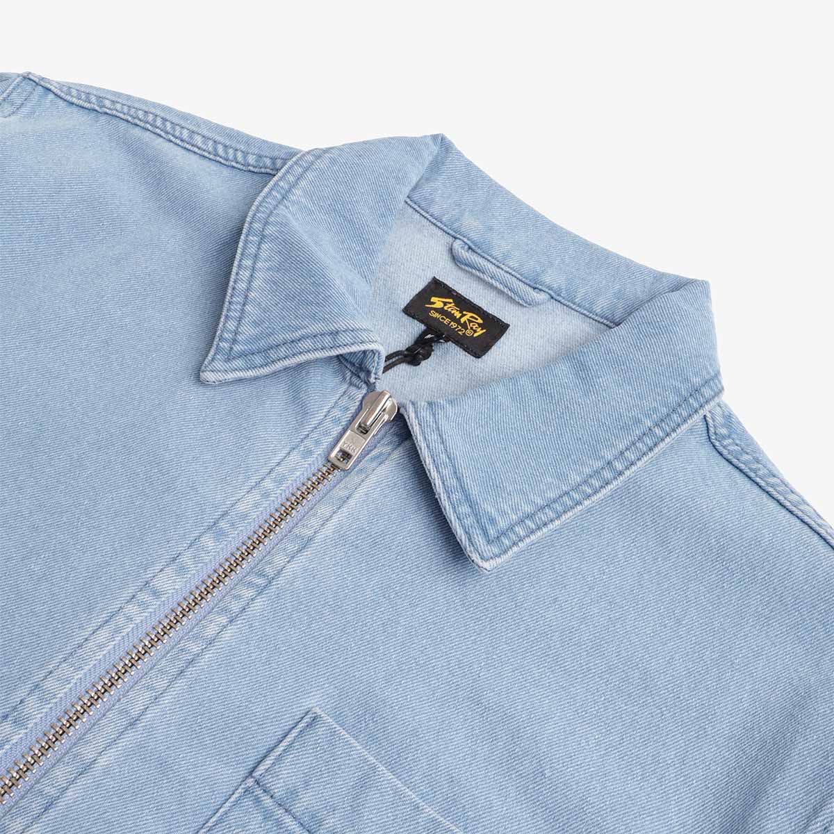 Collar and zip pull detail on Stan Ray mid wash denim shirt