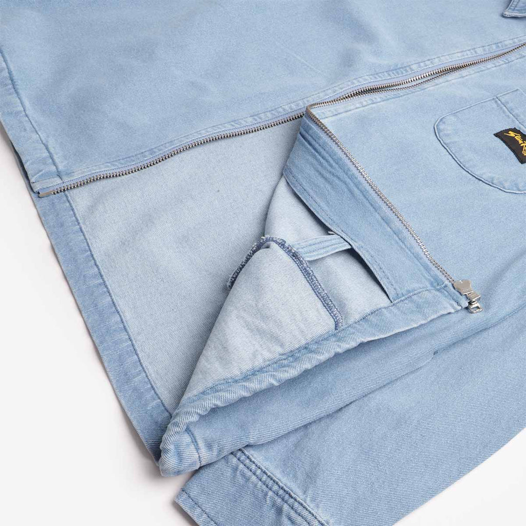 Hem and zip opening detail on Stan Ray mid wash denim shirt