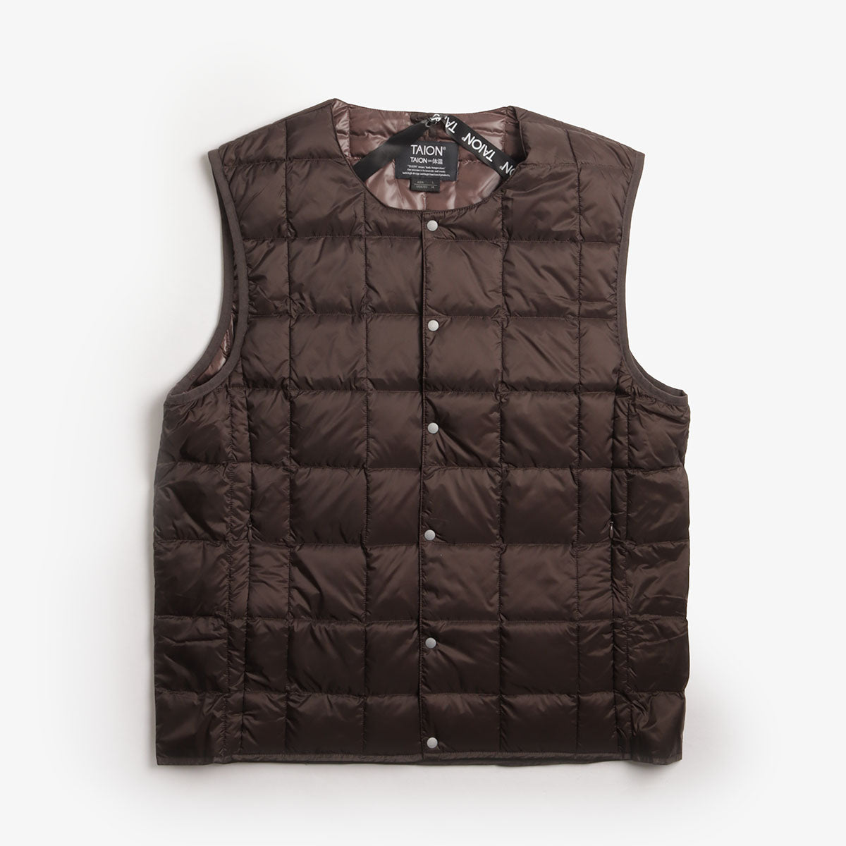 Taion Crew Neck Button Down Vest, Dark Chocolate, Detail Shot 1