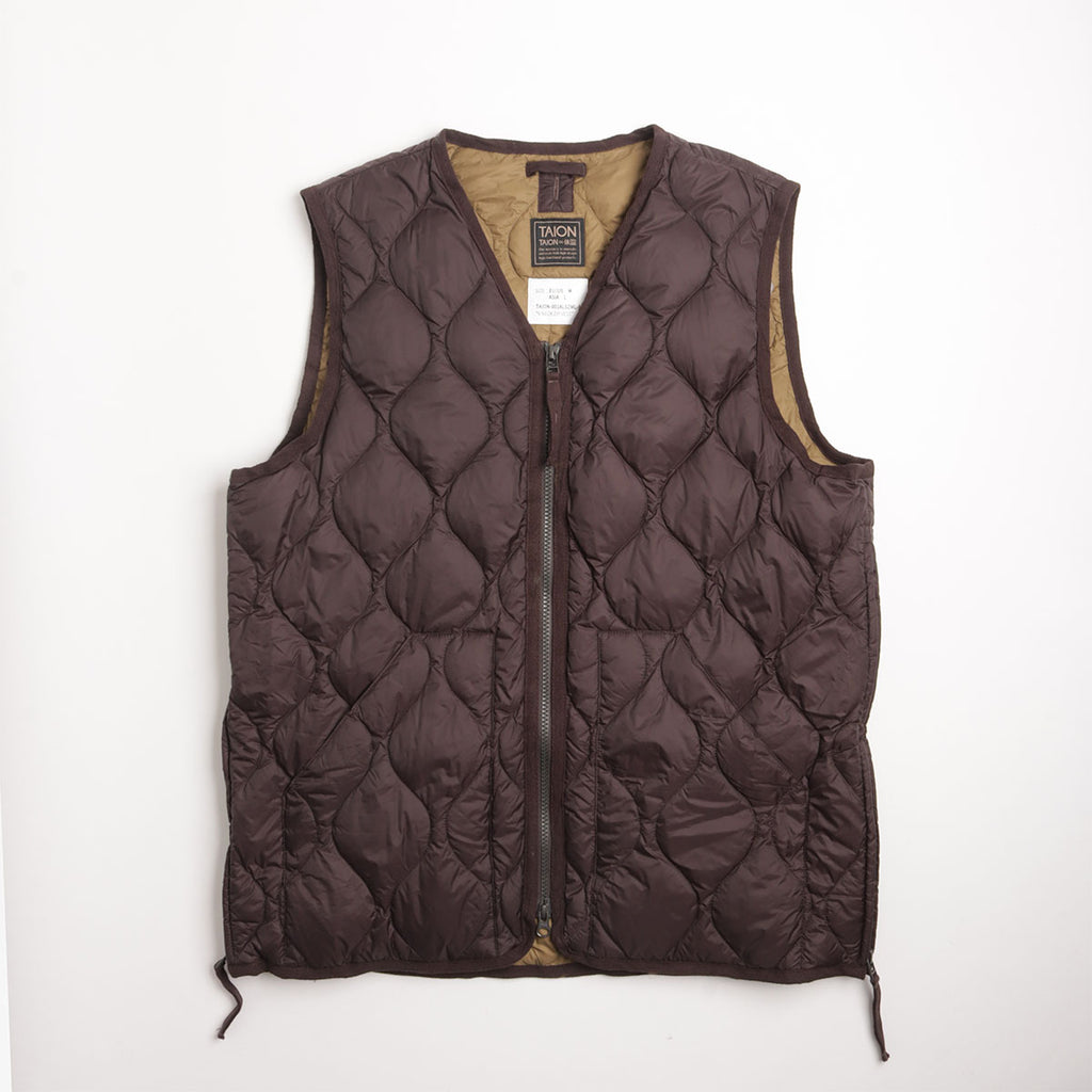 Taion Military V Neck W-Zip Down Vest - Dark Chocolate