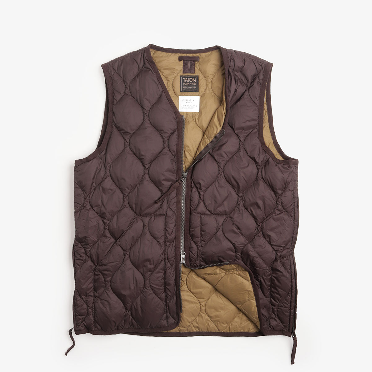 Taion Military V Neck W-Zip Down Vest - Dark Chocolate