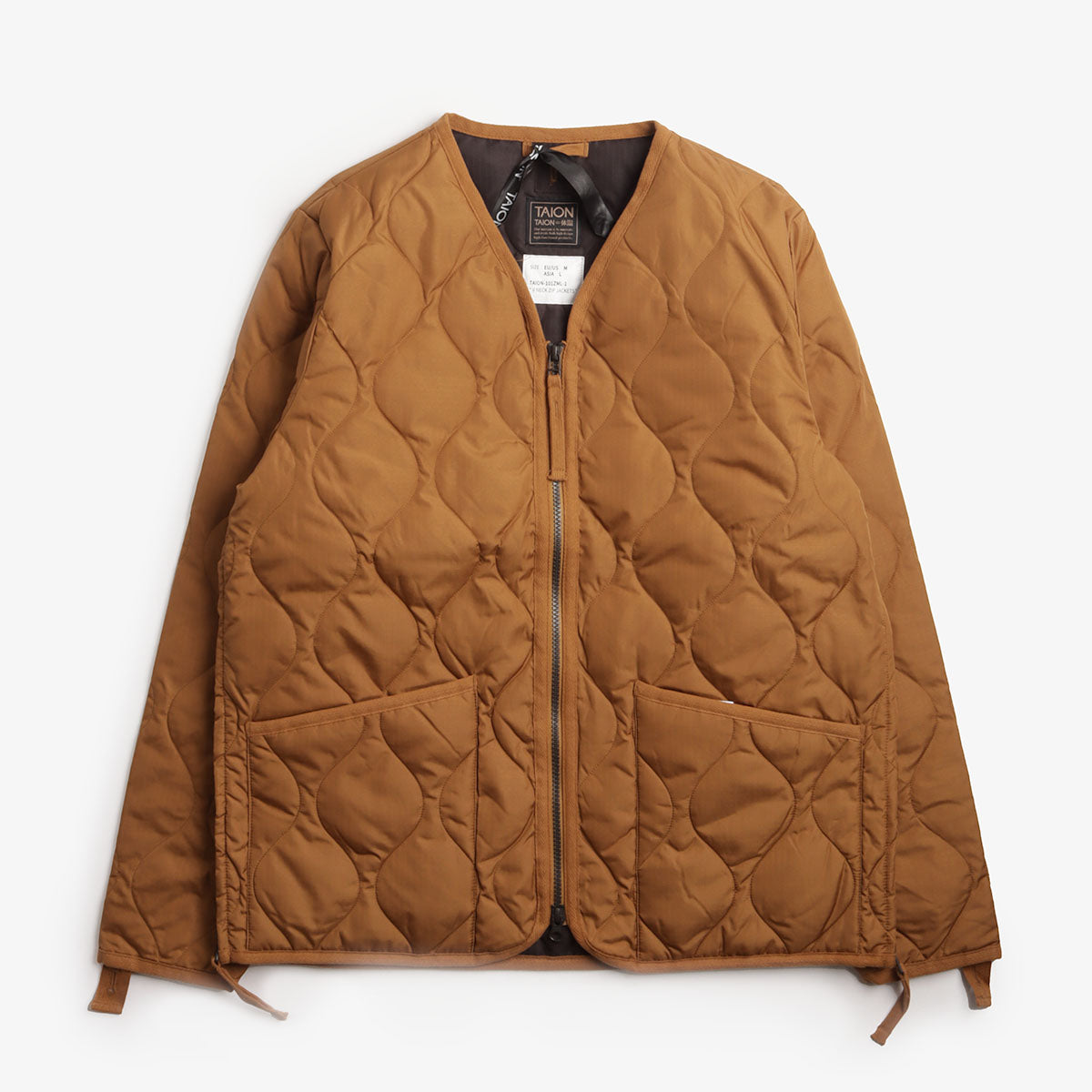 Taion Military Zip V Neck Down Jacket, Dark Beige, Detail Shot 1