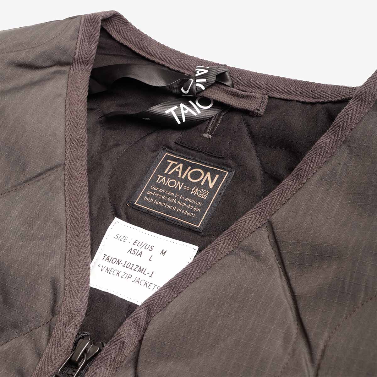 Taion Military Zip V Neck Down Jacket, Charcoal, Detail Shot 3