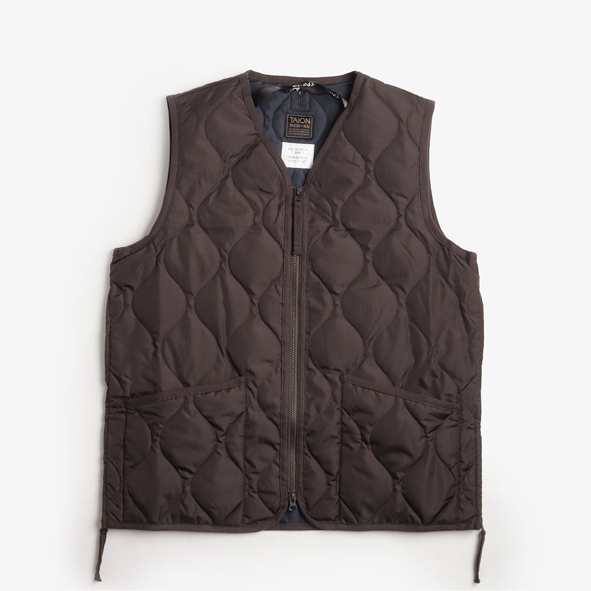 Taion Military Zip V Neck Down Vest, Dark Chocolate, Detail Shot 1