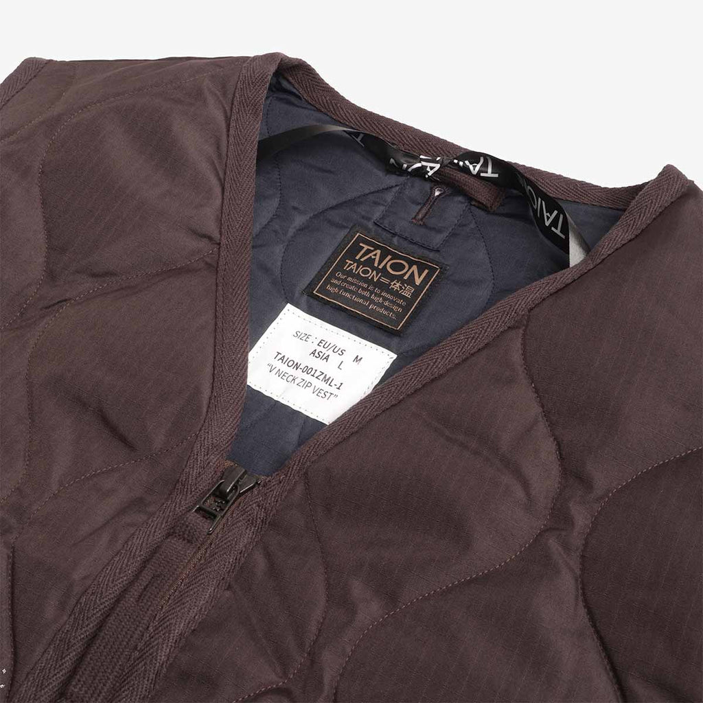 Taion Military Zip V Neck Down Vest, Dark Chocolate, Detail Shot 3