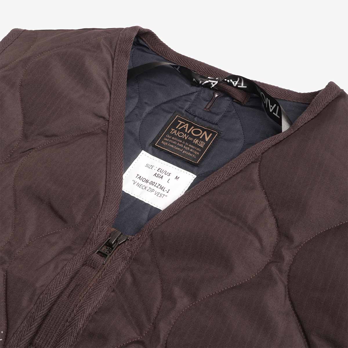 Taion Military Zip V Neck Down Vest, Dark Chocolate, Detail Shot 3