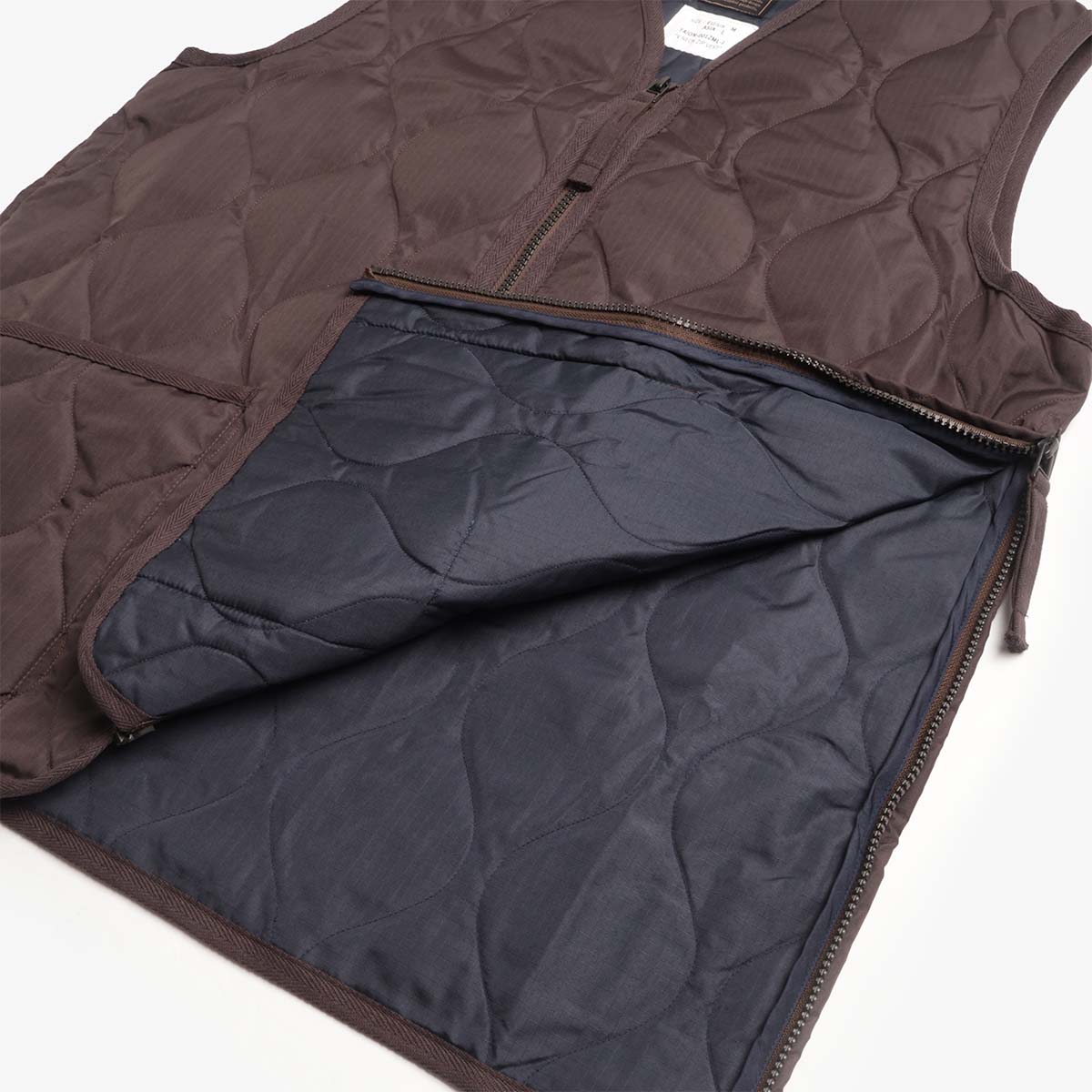 Taion Military Zip V Neck Down Vest, Dark Chocolate, Detail Shot 5