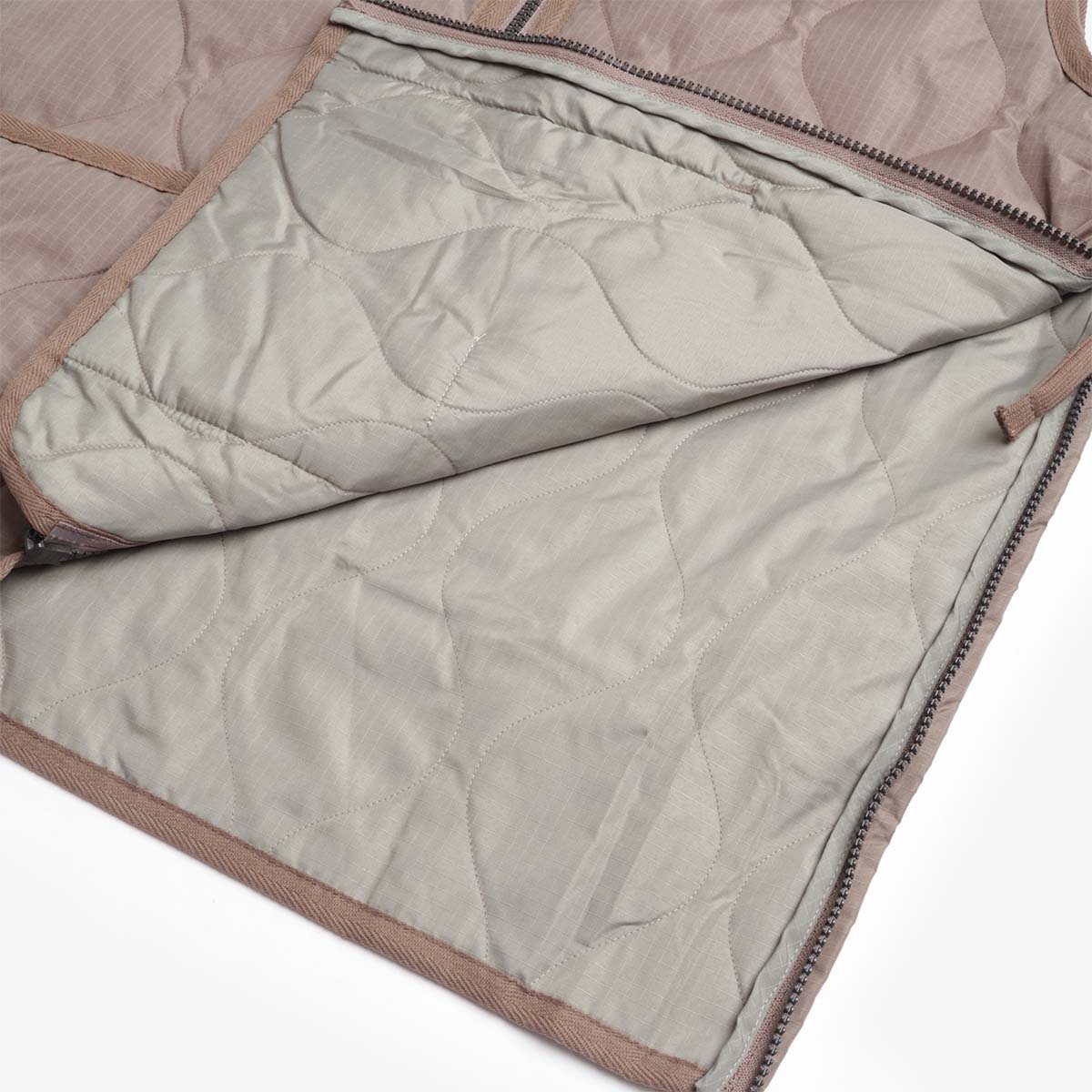 Taion Military Zip V Neck Down Vest, Dark Khaki, Detail Shot 3