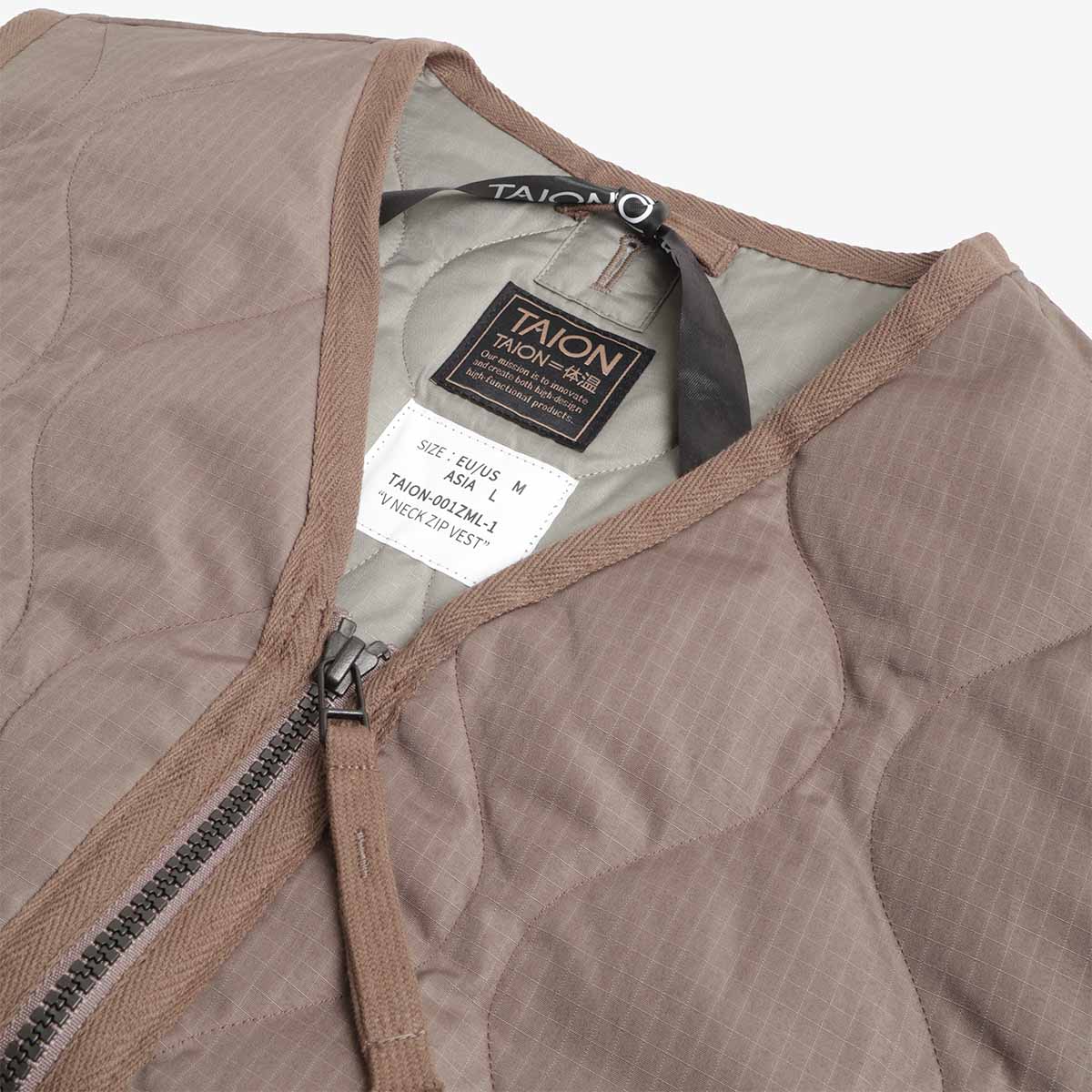 Taion Military Zip V Neck Down Vest, Dark Khaki, Detail Shot 4