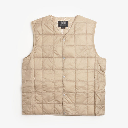 Taion V Neck Down Vest in Beige, front view