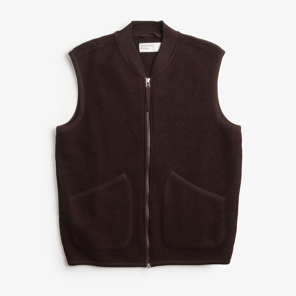 Universal Works Zip Waistcoat, Wool Fleece Brown, Detail Shot 1