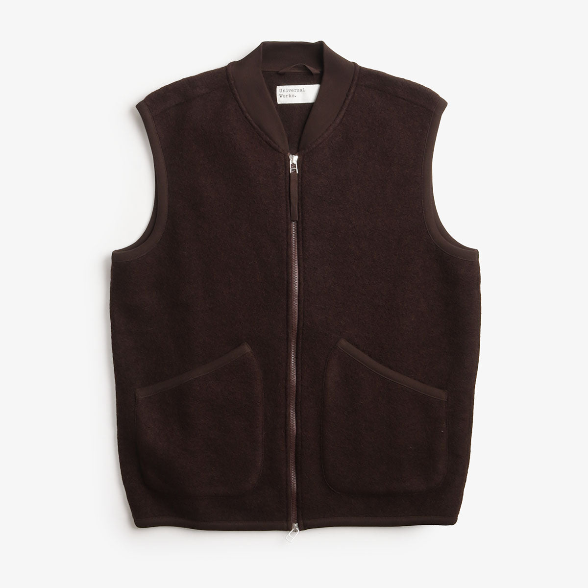 Universal Works Zip Waistcoat, Wool Fleece Brown, Detail Shot 1