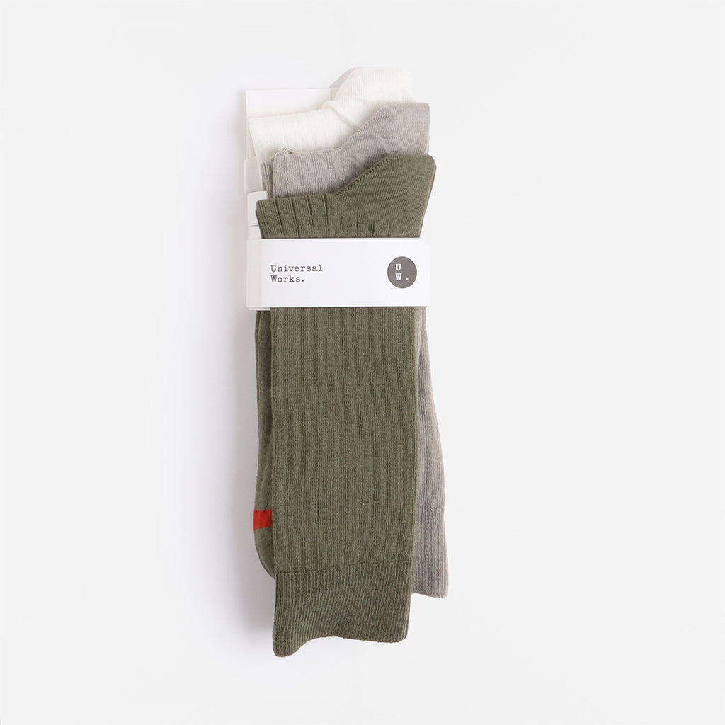 Universal Works 3 Pack Modal Socks, Ecru Grey Green, Detail Shot 2