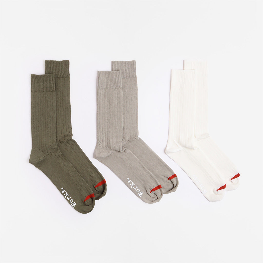 Universal Works 3 Pack Modal Socks, Ecru Grey Green, Detail Shot 1