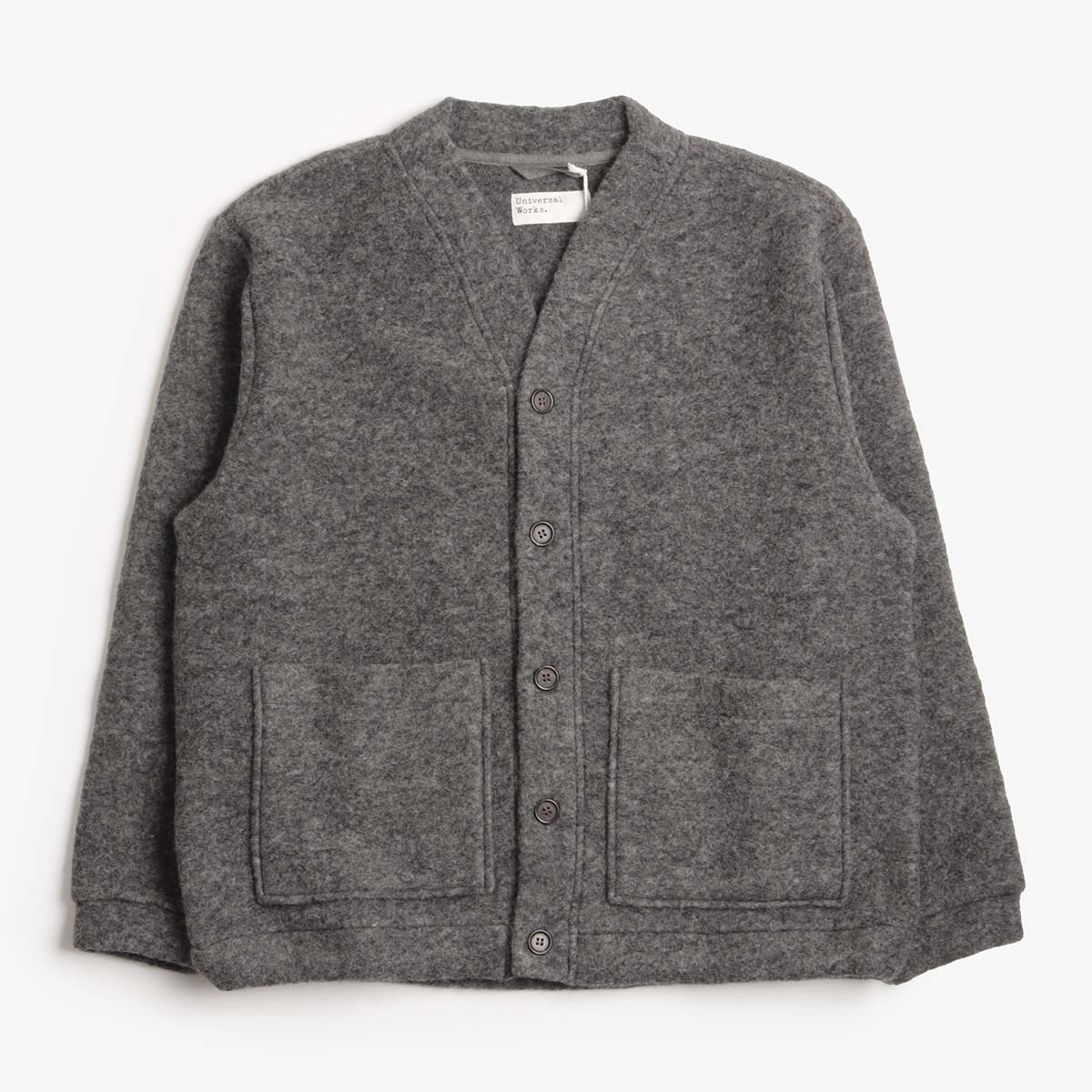 Universal Works Advance Cardigan, Grey Marl Wool Fleece, Detail Shot 1