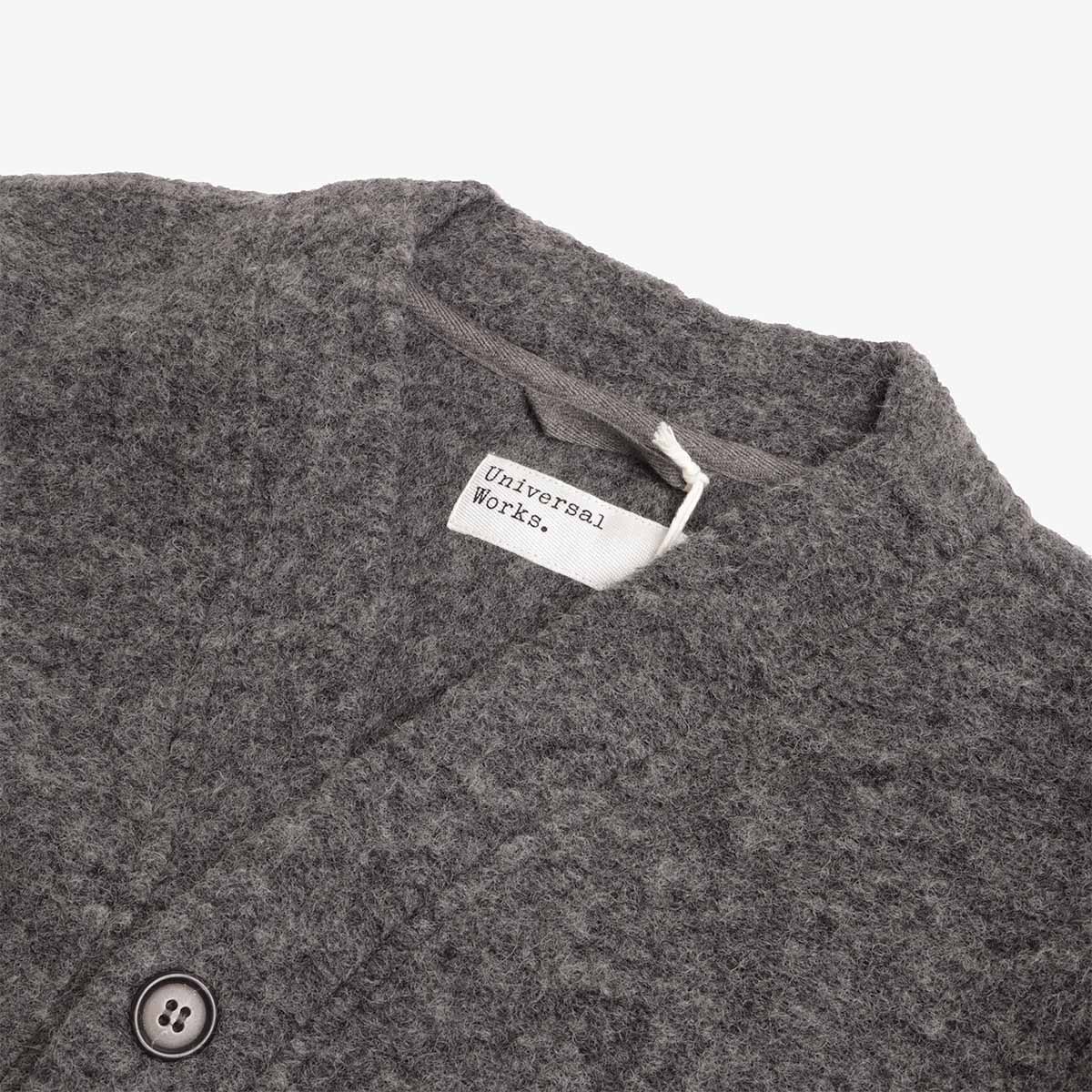 Universal Works Advance Cardigan, Grey Marl Wool Fleece, Detail Shot 2