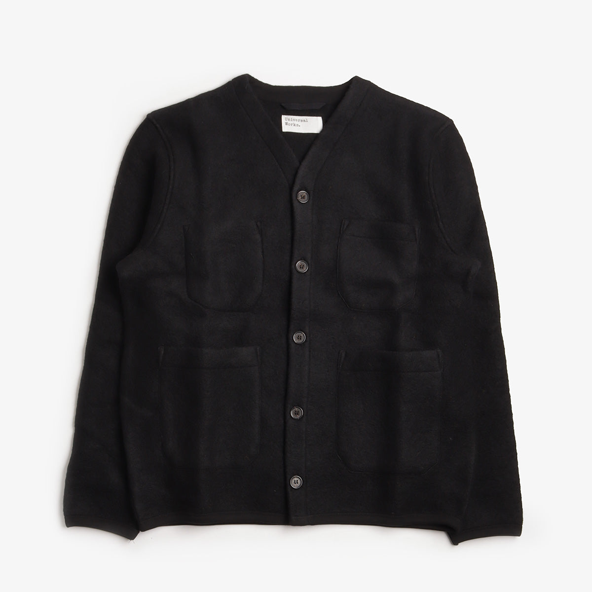 Universal Works Cardigan, Wool Fleece Black, Detail Shot 1